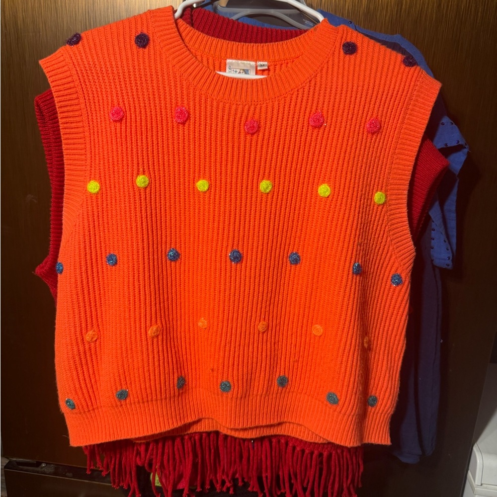 QUEEN OF SPARKLES Orange Sweater with Colorful Dots